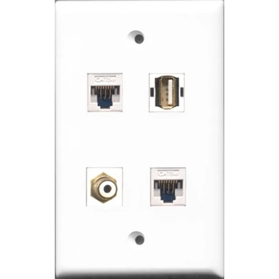 RiteAV 1 Port RCA White and 1 Port USB A-A 2 Port Cat5e Ethernet White Wall Plate