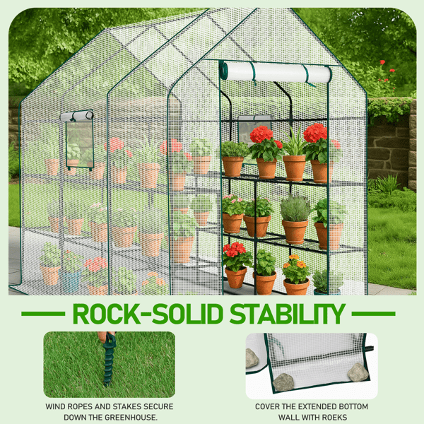 Alvantor Large Walk-In Greenhouse with PE Cover, 12-Shelf Indoor Outdoor Garden Plant Shelves, Roll-Up Door & Side Windows, 56"x85"x77"