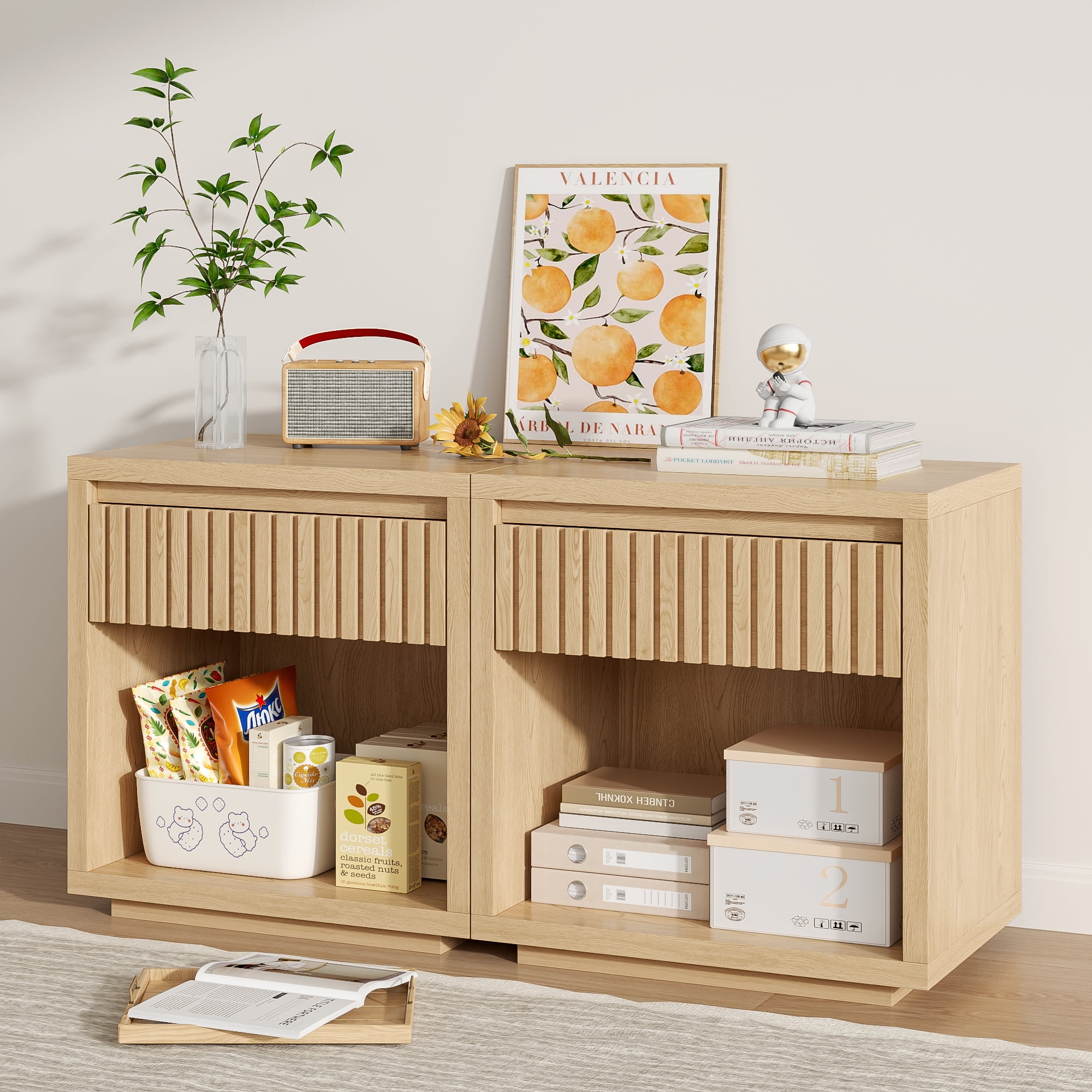 Nightstand with Drawer, Mid Century Nightstands with Open Storage Shelf, Wood Bedside Table