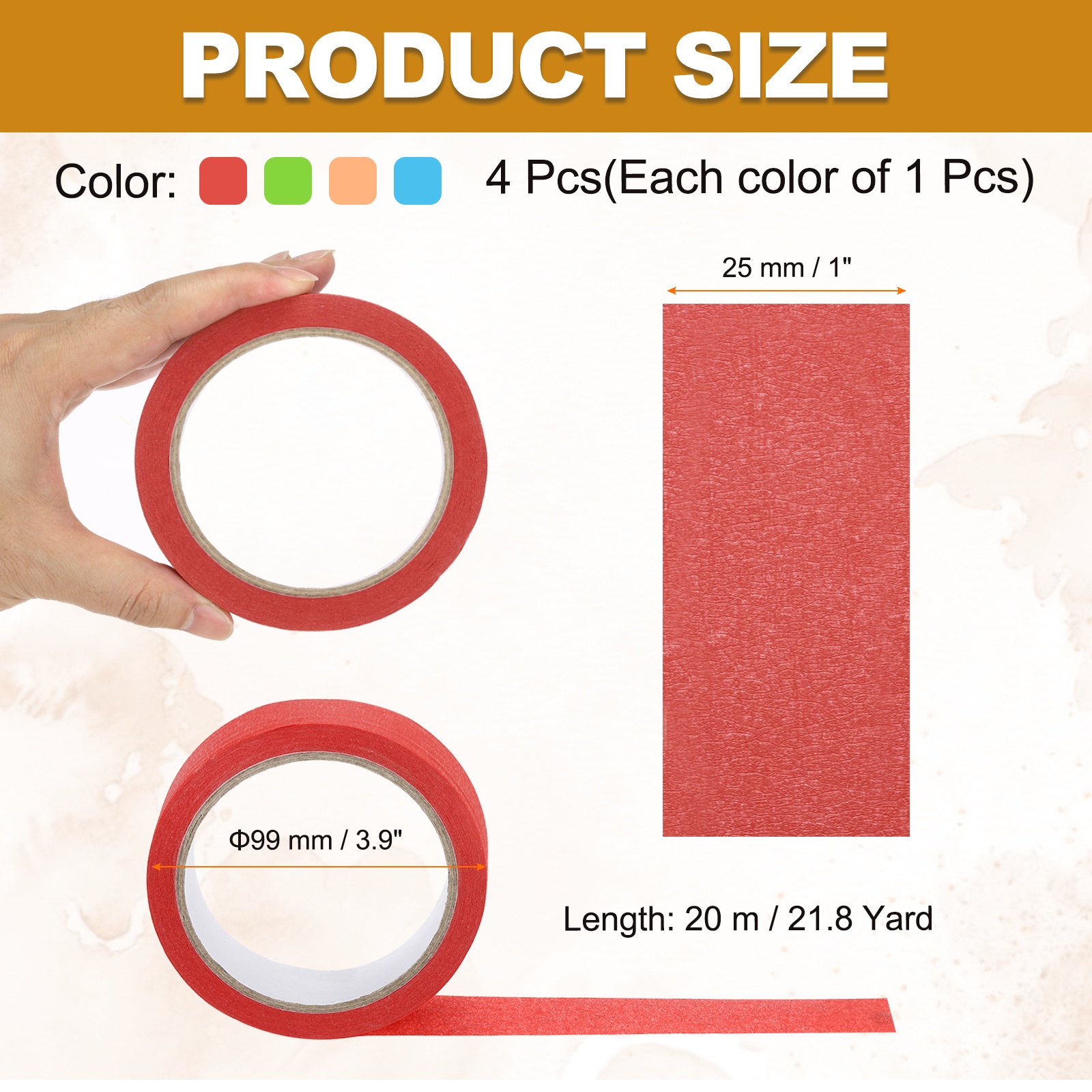 4pcs 1" x 22 Yard Colored Masking Tape, Red Orange Blue Green