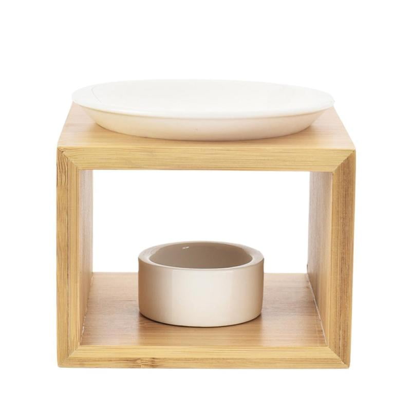 Essential Oil Burner Black Ceramic Bowl Wood Stand Tealight Aromatherapy Wax 