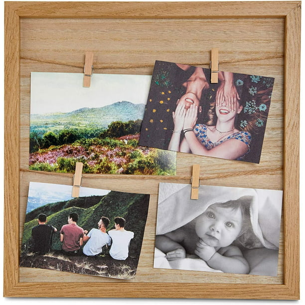 Juvale Square Wooden Hanging Collage Picture Photo Frame Holder Wall Decor 12″x12″ with 4 Clips