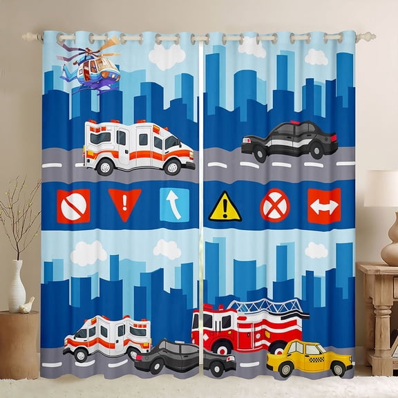 Castle Fairy City Emergency Black Out Curtains for Boys, Police Car Curtains Pack of 2 (42x63 Each) for Kids Room, Blue and White