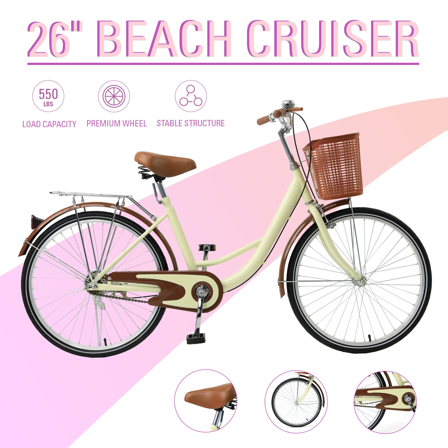 Beach Cruiser Bike Women’s 26” Pink Hybrid Low Step-through Bicycle Shimano New! 