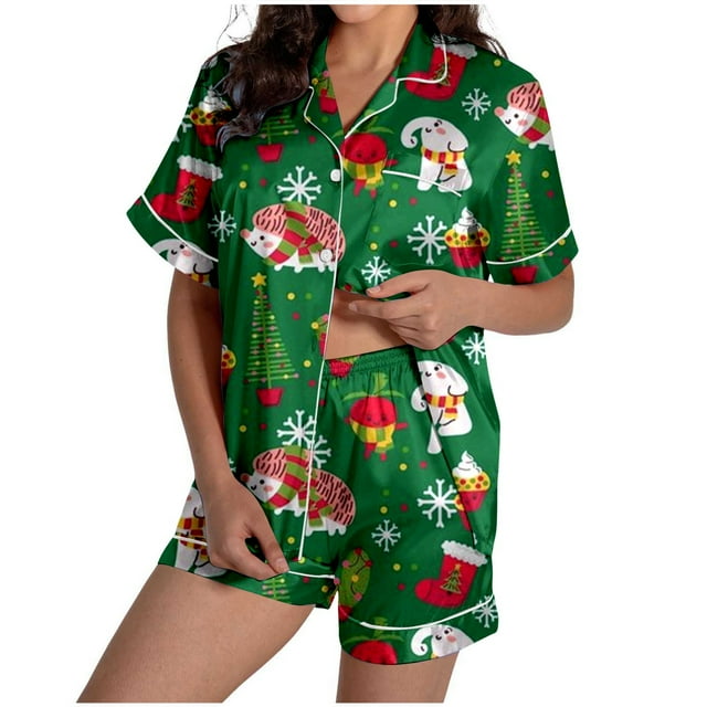 GPOECD Ladies Christmas Tree Printed Silk Satin Short Sleeve Button Front Sleepwear Pajama Set Green,L