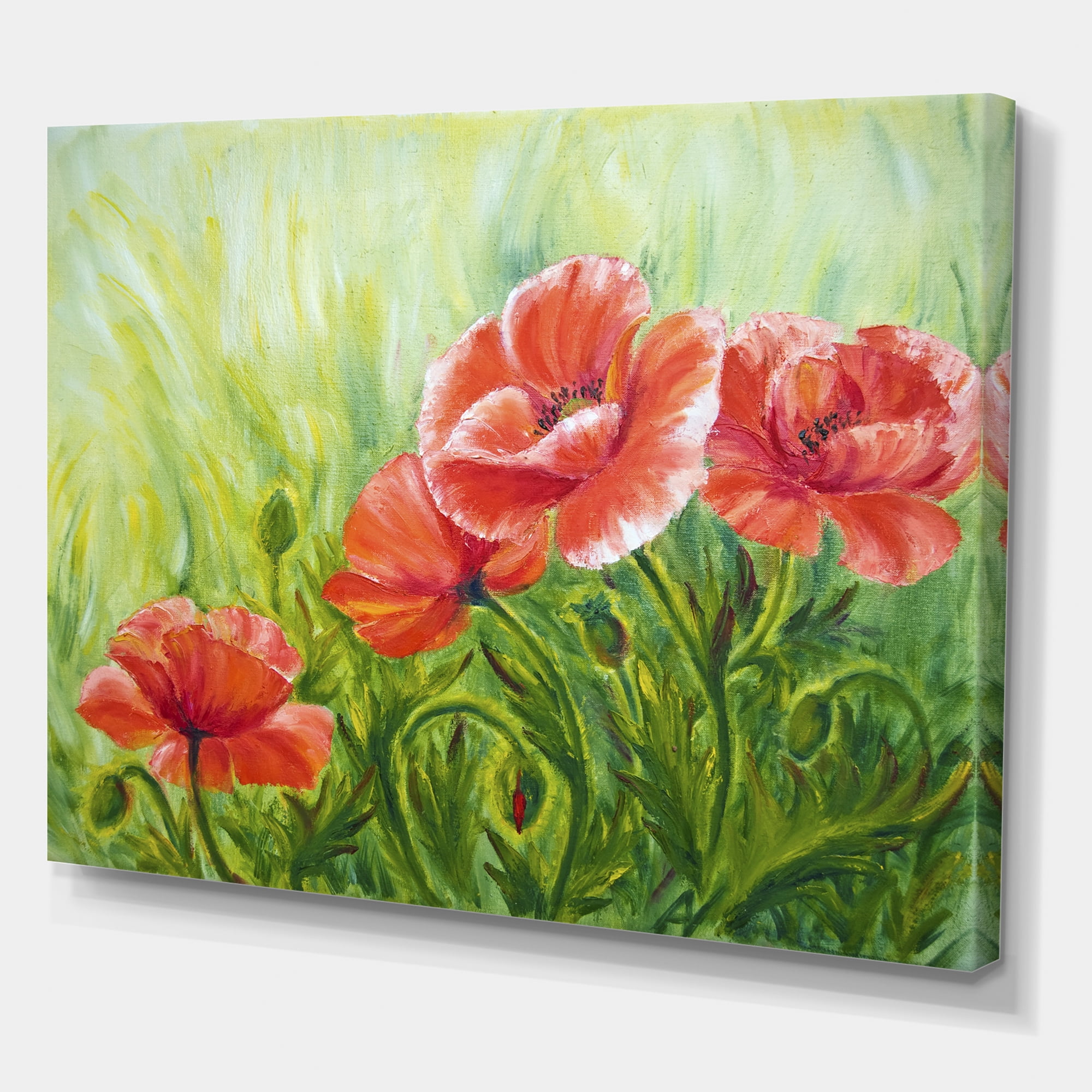 Designart ' Red Blossoming Poppies Over Wild Green III ' Traditional Canvas Wall Art Print