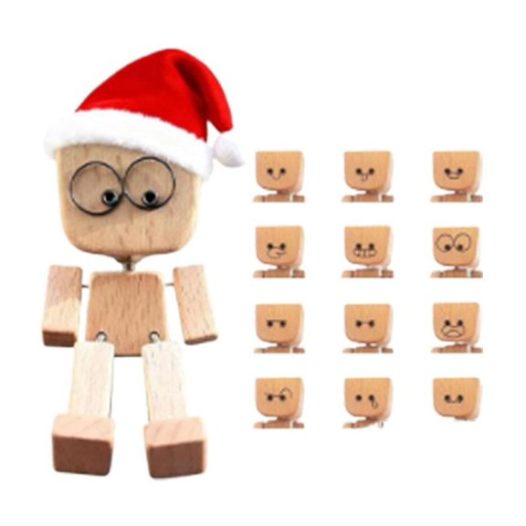 Shaking Wooden Man Figurine, Set of 12 Christmas Wooden Figures with Movable Joints, Handcrafted Dashboard Decorations with Santa Hat