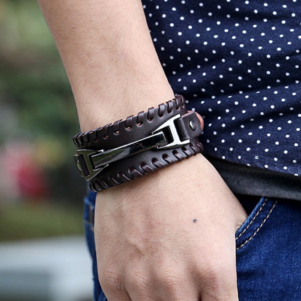 Punk Men Woven Faux Leather Wide Cuff Bracelet Wristband Bangle - Main Image