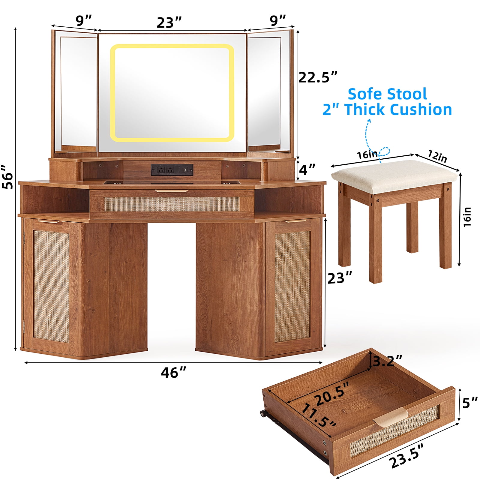 Modern Rattan Corner Vanity Desk, 46" Corner Makeup Vanity Desk with Smart Mirror and Lights, Oak Vanity Desk with Charging Station and 1 Drawer, Stool & Shelves for Bedroom, Tea Brown