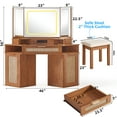 thumbnail image 2 of Modern Rattan Corner Vanity Desk, 46" Corner Makeup Vanity Desk with Smart Mirror and Lights, Oak Vanity Desk with Charging Station and 1 Drawer, Stool & Shelves for Bedroom, Tea Brown, 2 of 7