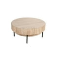 thumbnail image 4 of 36 Inch Modern Handcrafted Round Coffee Table, Oak White Wood Top with Grooved Edges, Black Iron Legs- Saltoro Sherpi, 4 of 7