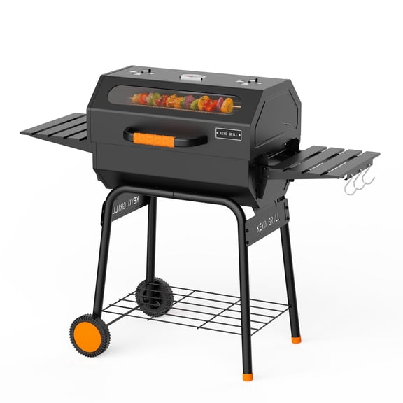 KEYO GRILL Charcoal Grill with  Foldable Side Table,Glass Window ,Warm Rack for Backyard, Black