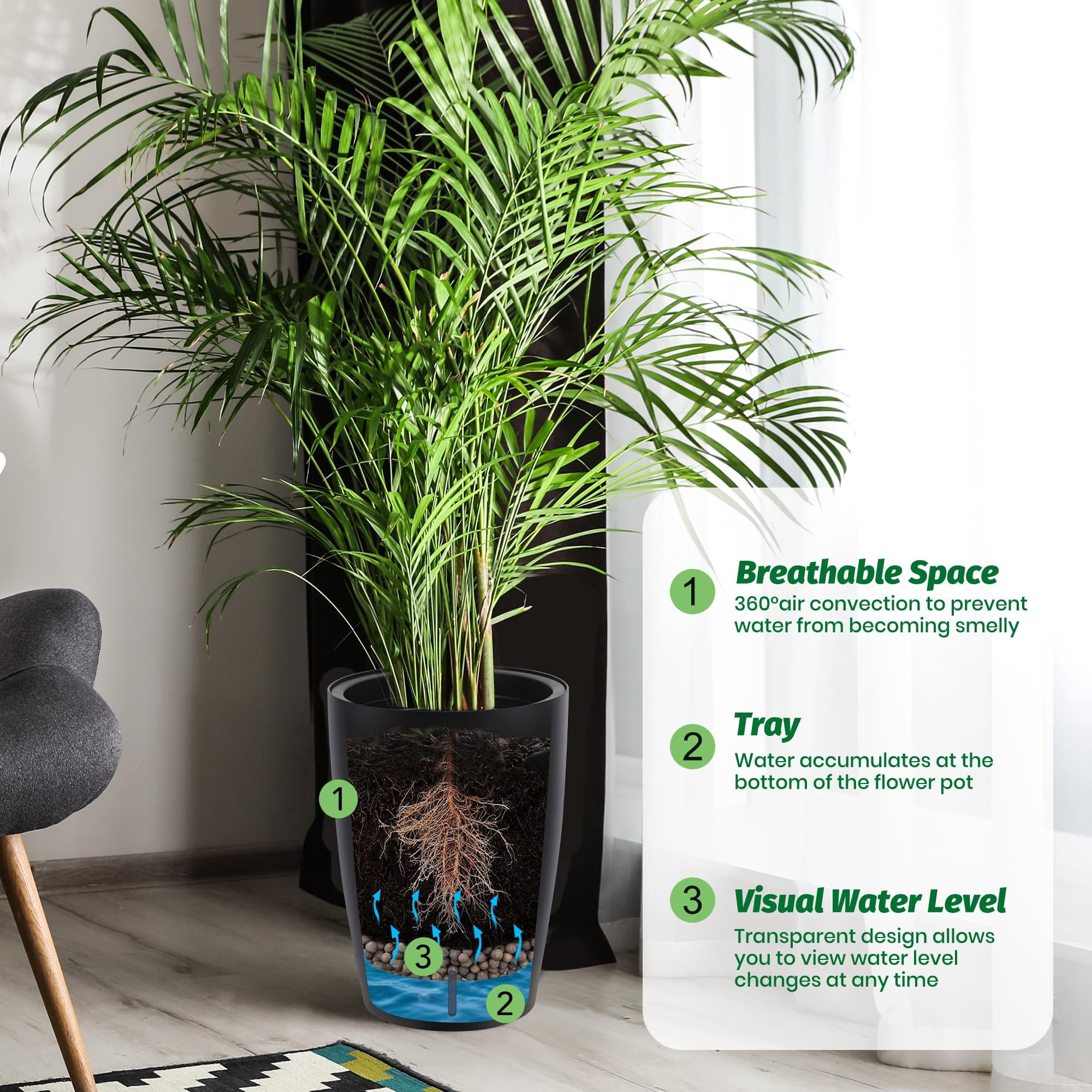 Large Planters with Built-In Drainage System and Water Level Monitor, Planter Set of 2, Self-Watering Flower Pots for Indoor and Outdoor Use, Perfect for Porch, Patio, Backyard