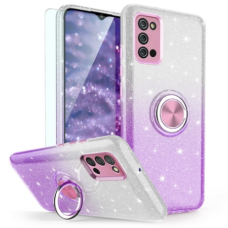 TJS Phone Case for Samsung Galaxy A02S Case, with Tempered Glass Screen Protector, Two Tone Shinny Glitter Metal Ring Magnetic Support Kickstand Cover (Purple)
