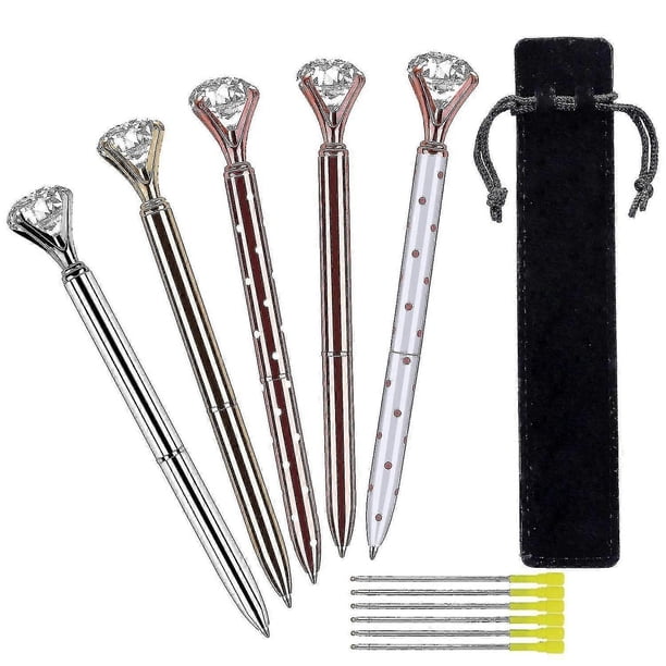 5 Pcs Big Crystal Diamond Ballpoint Pen,metal Ballpoint Pen ,with 5 Ballpoint Pen Refills, 1 Black Velvet Bag, Black Ink