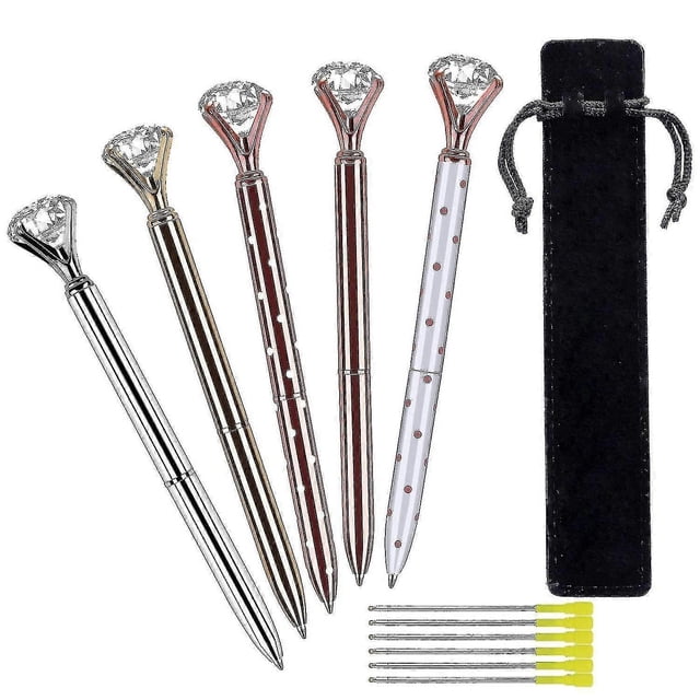 5 Pcs Big Crystal Diamond Ballpoint Pen,metal Ballpoint Pen ,with 5 Ballpoint Pen Refills, 1 Black Velvet Bag, Black Ink