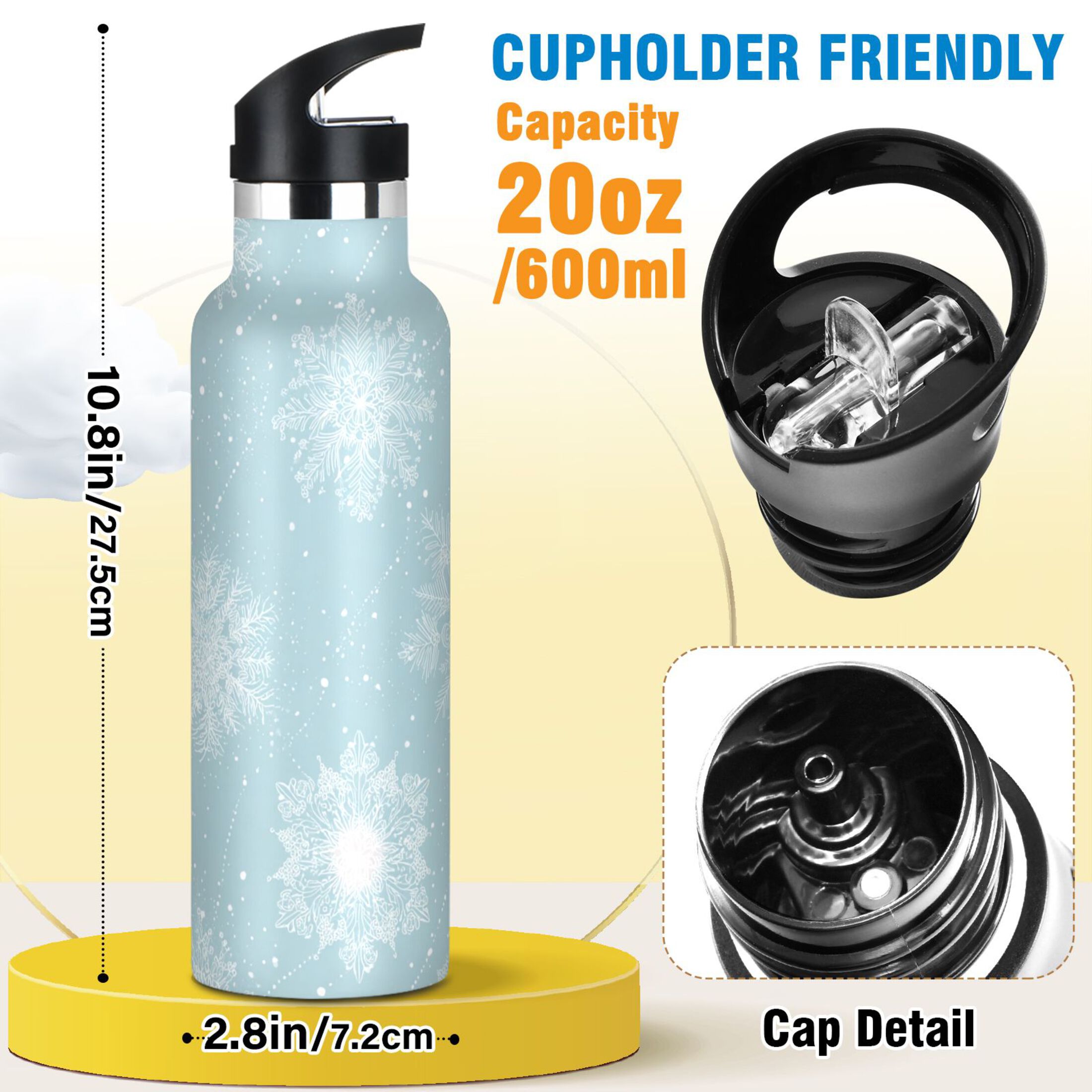600ML Stainless Steel Insulated Cup Sports Water Bottle Portable Thermos Cup Water Glasses Insulated Tumblers Convenient and Durable Delicate Snowflakes