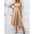 thumbnail image 7 of Khaki Solid Minimalist Stand Collar Sleeveless A-Line Midi Dress For Women, 7 of 7