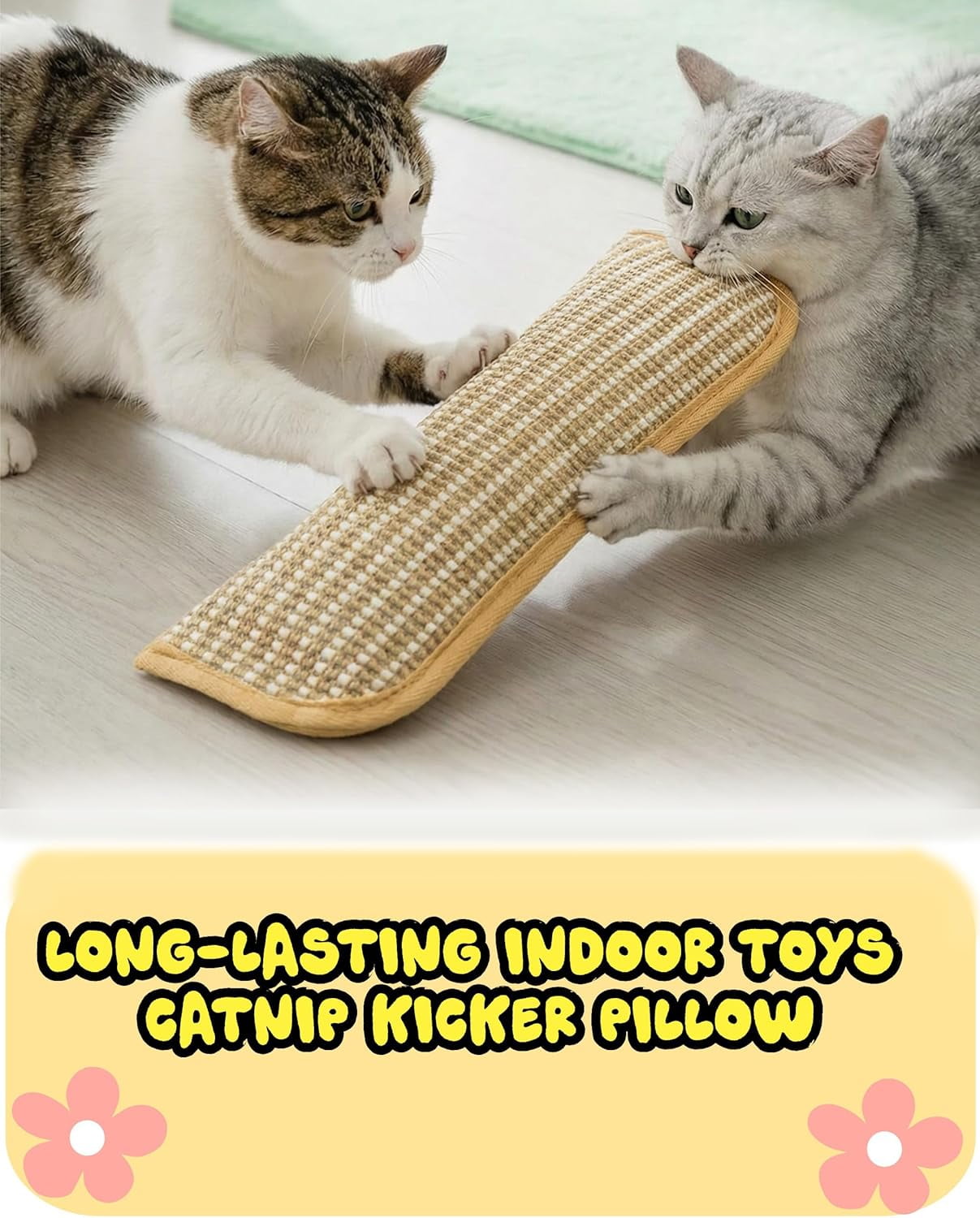 Interactive Catnip Chew Toy for Indoor Cats, 13 Inches Sisal Scratching Pad & Catnip Pillow, Natural Kicker Toys for Anxiety Relief, Chew-Resistant Play Mat
