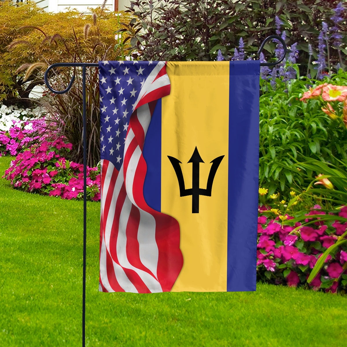 American Flag Waving Show Barbados Flag Barbadian American Friendship Proud Root House Flag, Double-Sided Decorative Outdoor Flag, Patriotic Polyester Yard Flag 29.5 x 39.5 in