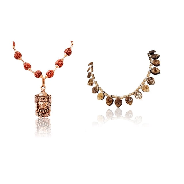 Kamada Combination of Shri mahakal gold necklace mala and Tulsi (basil) mala,Spritual Pendant Necklace for Women and Men