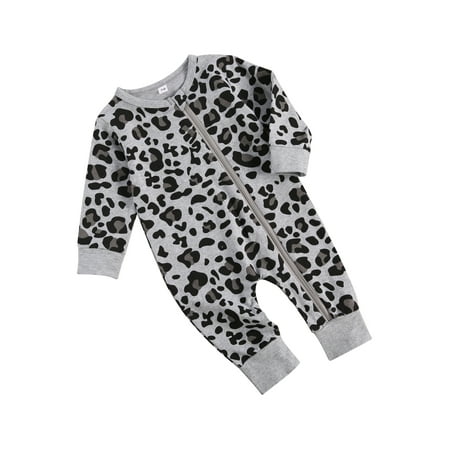 

Binpure Unisex Newborn Long Sleeve Ink Print/Leopard Grain Zipper Romper