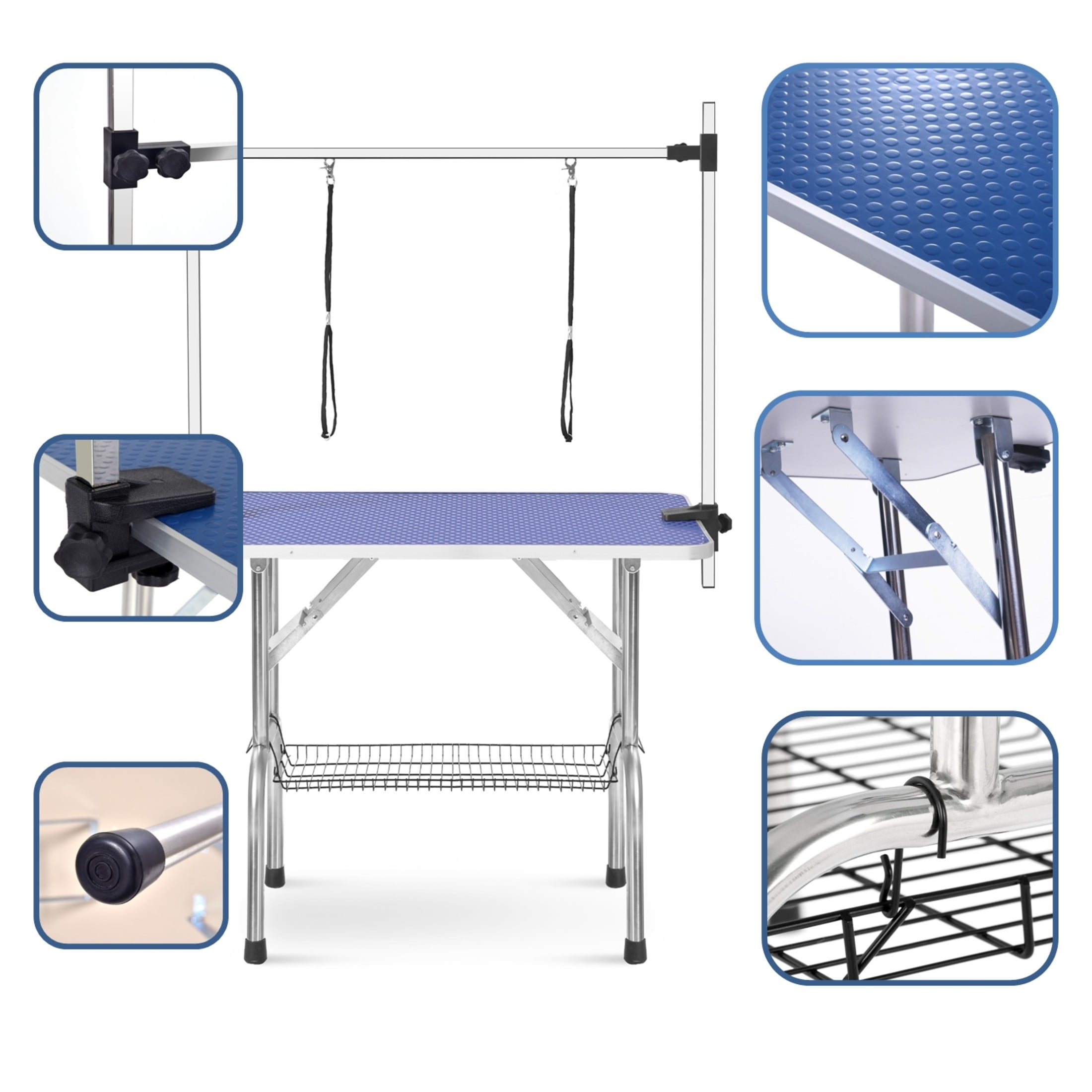 Noble House 46" Folding Dog Pet Grooming Table with Adjustable Arm, Stainless Steel Frame, Non-Slip Rubber Top, Blue