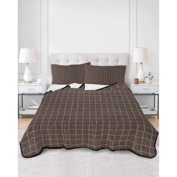 Quilts King Size, Brown Buffalo Plaid Soft Comforter Bedding Set for Bed, Vintage Farmhouse Checkered Lightweight Quilted Bedspread with Pillow Cover(2 Pieces) for All Season, 96x106 Inch
