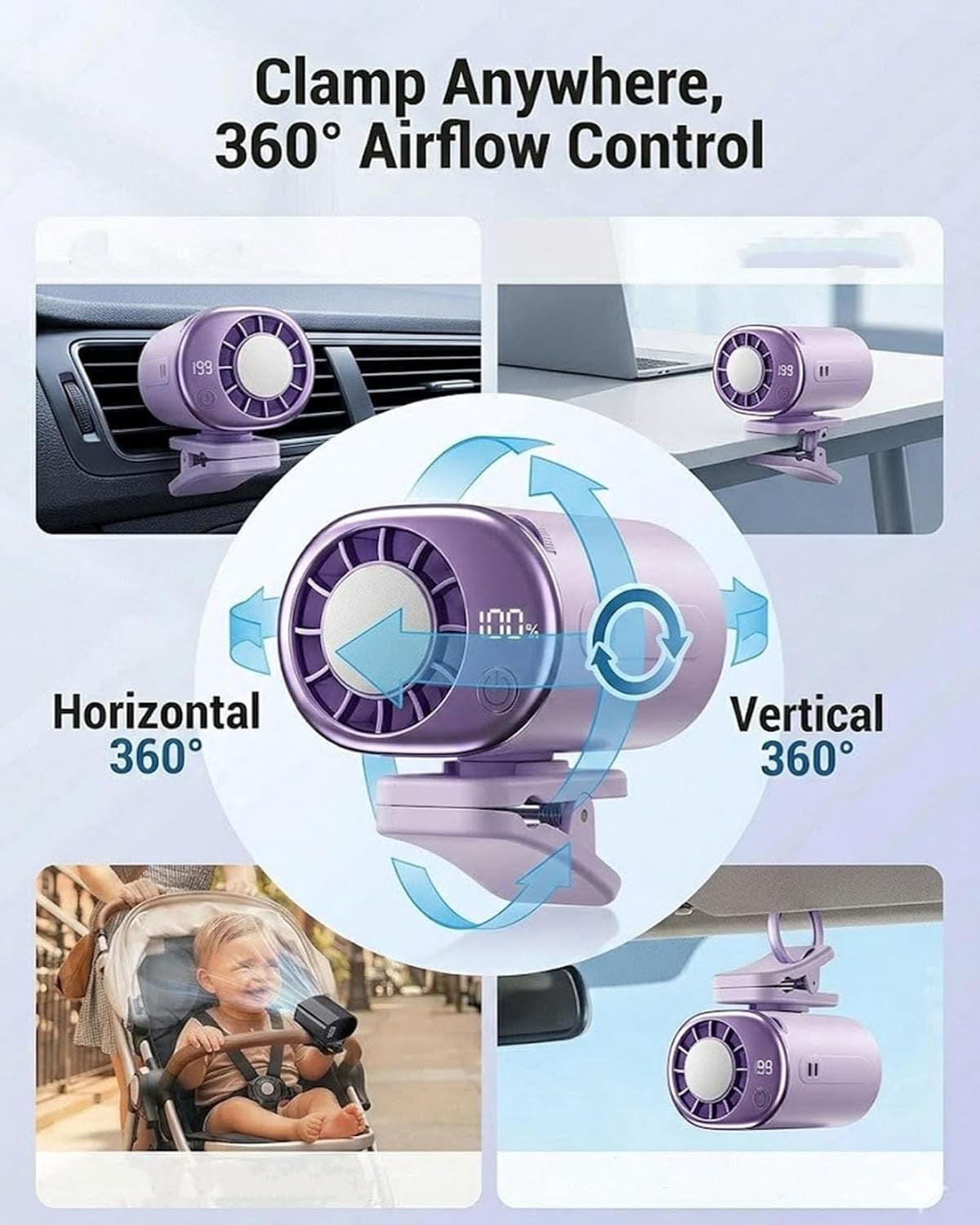 2026 New Car Clip on Air Conditioner Fan with LED Display | 360° Rotation, 199 Speeds Adjustable, USB Rechargeable Portable 16℃ Semi-Cooling Fan for Car, Home & Office