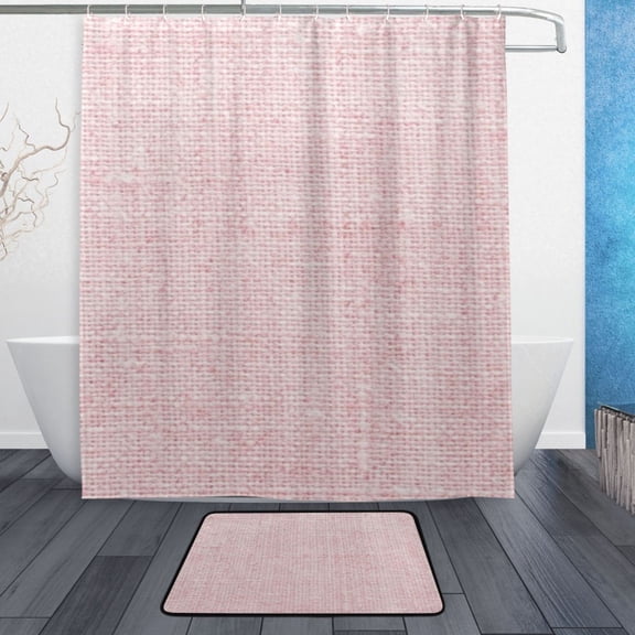 TTYFWHD 60" x 72" Shower Curtain and Bath Mat Set Dusty Pink Linen Weave Texture Waterproof Bathroom Curtain with 12 Hooks, Bathroom Decor Set