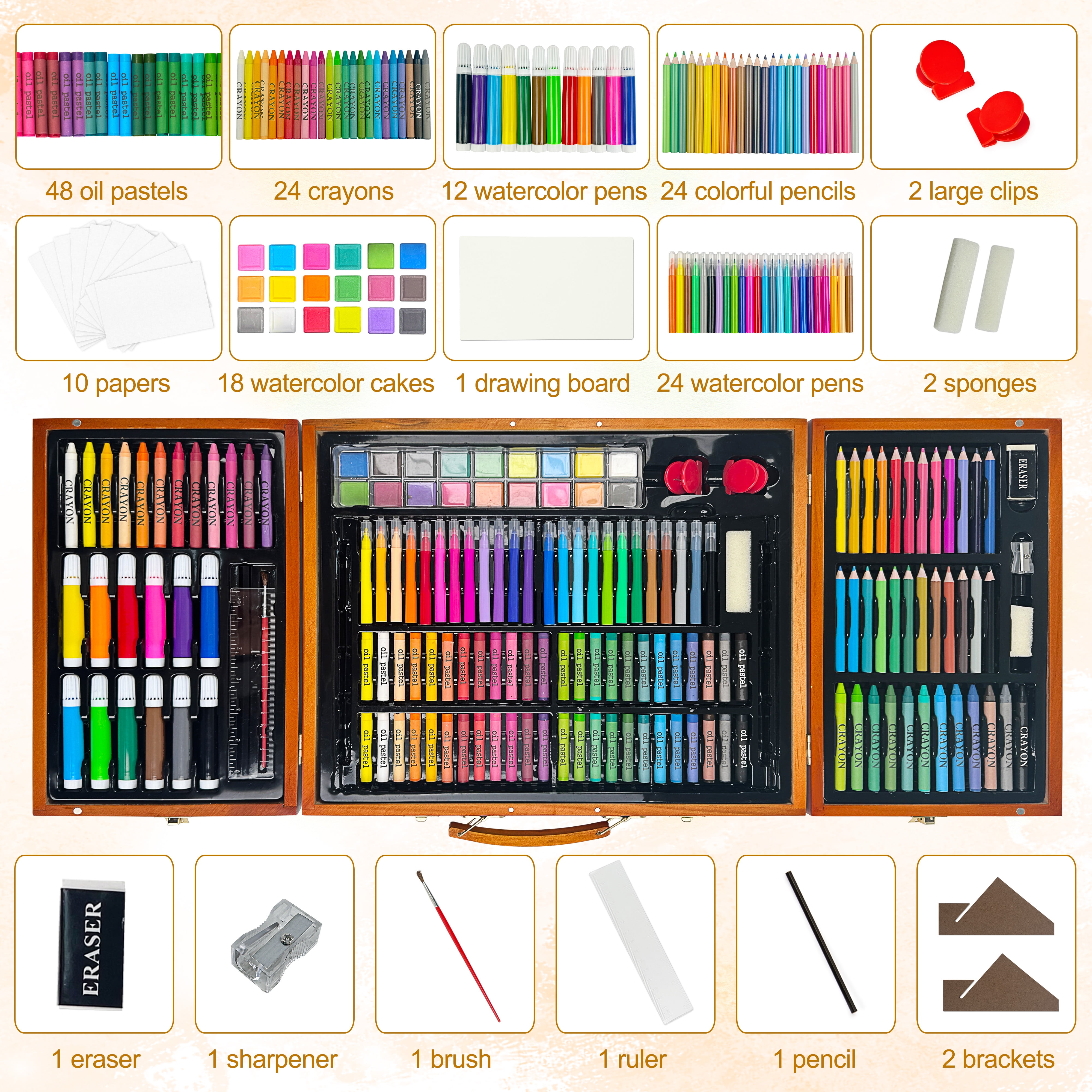 KINSPORY 172 Pack Painting Colouring Art Set, Art Supplies with Drawing Easel, Wooden Case Gift for Artist Beginners Kids Girls Boys (Brown)
