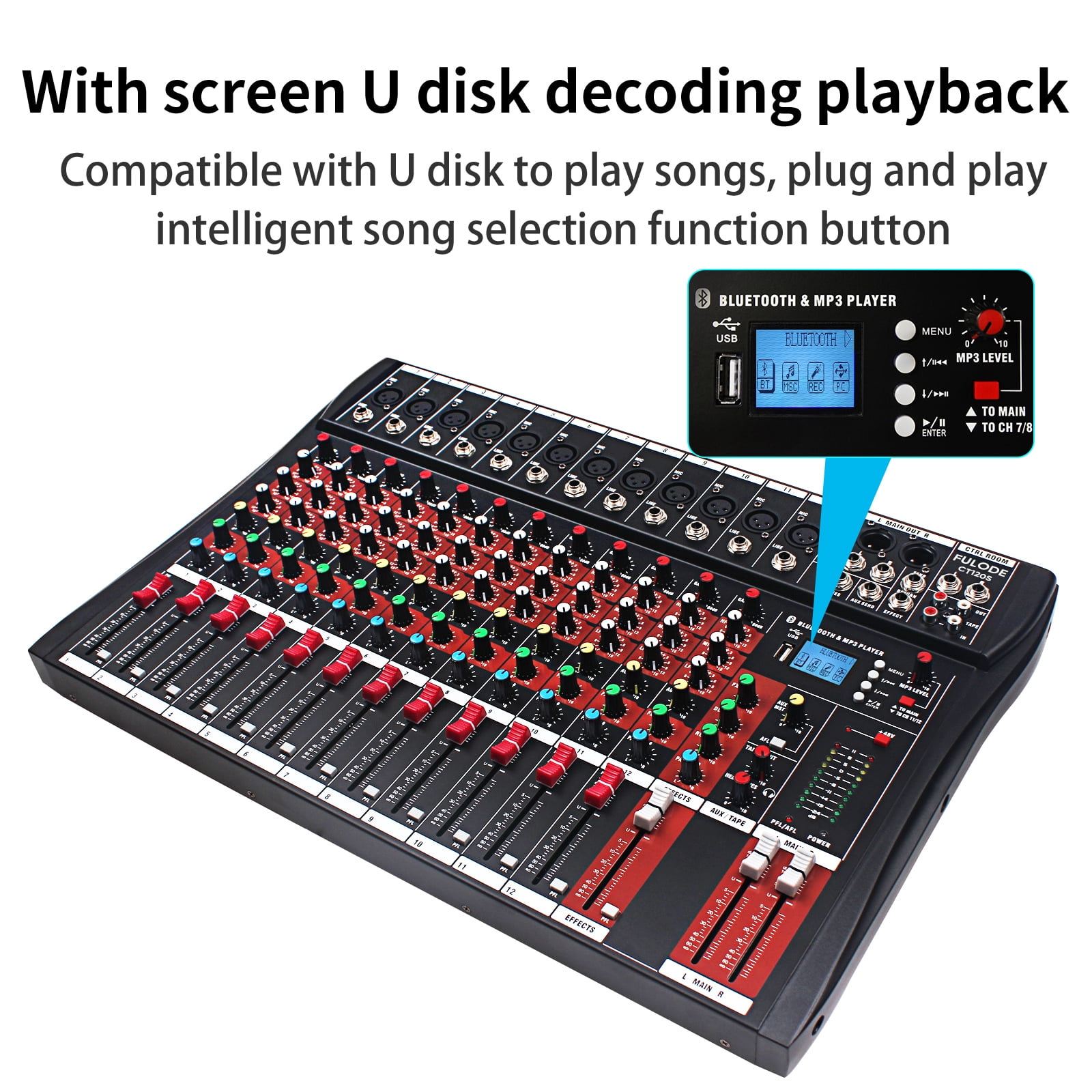 FULODE CT120S 12channel mixer audio,Console with Bluetooth USB, dj mixer,dj equipment for Computer Recording Input, 48V Power, Beginners