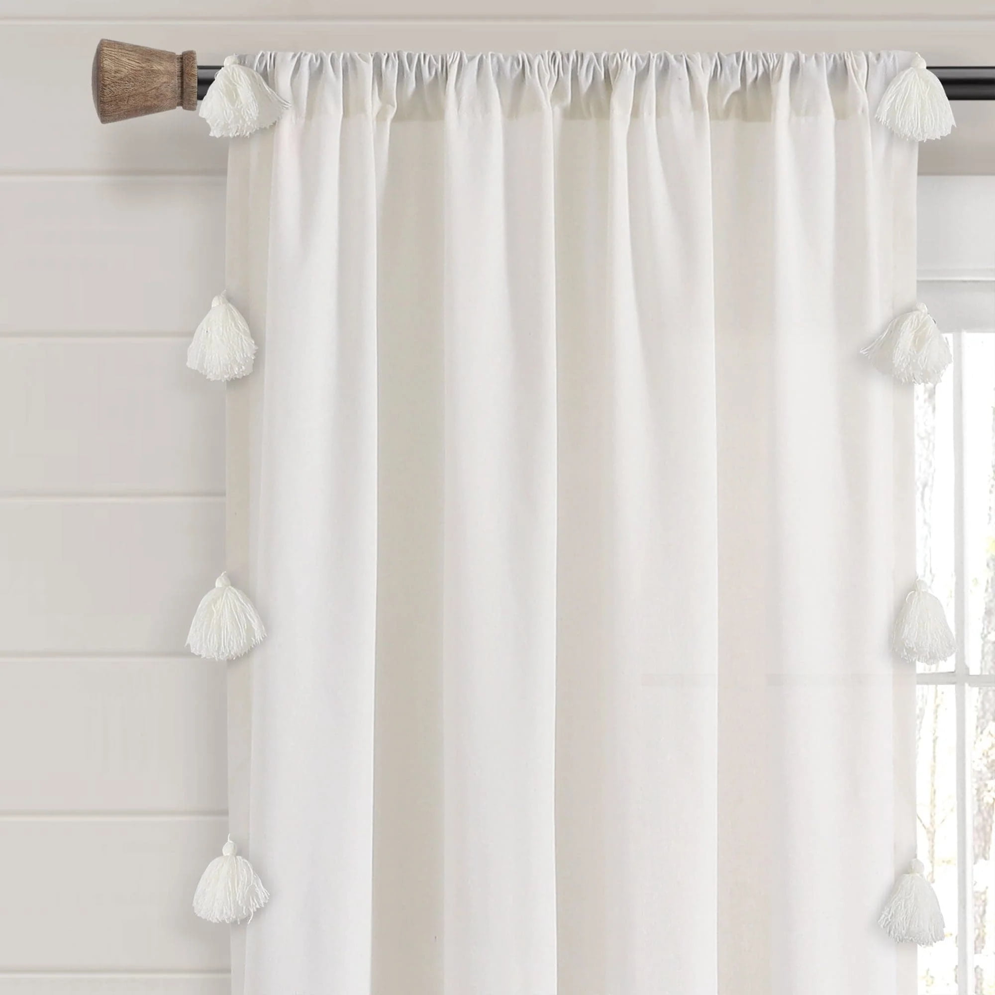 Lush Decor Boho Faux Linen Texture Tassel Single Window Curtain Panel - White/Gray - 84 x 52