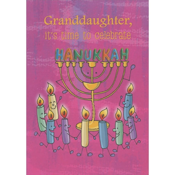 Designer Greetings Candles Holding Hands and Circling Around Menorah Juvenile Hanukkah Card for Granddaughter