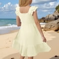 thumbnail image 6 of CUZIBR Girls Dresses Solid Color Ruffle Sleeves Elegant A Line Tiered Loose Fit Square Collar Midi Length Summer Dress For Kids Youth Lightweight Breathable Holiday Beach Clothes,d-Beige,5-6 Years, 6 of 7