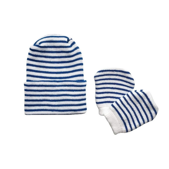 Newborn Baby Navy & White Striped Hospital Hat and Mitten Set by Nurses Choice