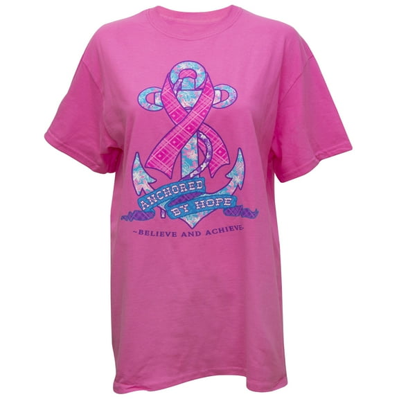 Women's Anchored By Hope Cancer Awareness Pink Cotton T-Shirt, Large
