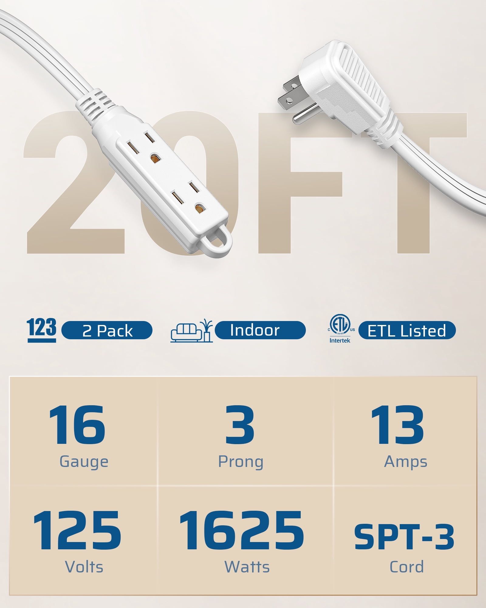 DEWENWILS 3 Outlet Extension Cord with Flat Plug, 20 FT 16/3 Awg Grounded Power Cable for Indoor Use, SPT-3 Cord, White, ETL Listed, 2 Pack