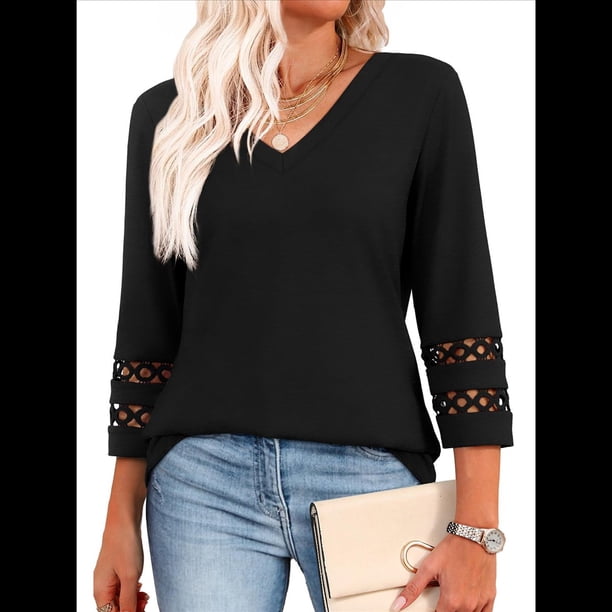 Blusas Elegantes e Informales de 3/4 para Mujer, Camisetas de Cuello en V A , Ropa de Verano 2025. Negro S