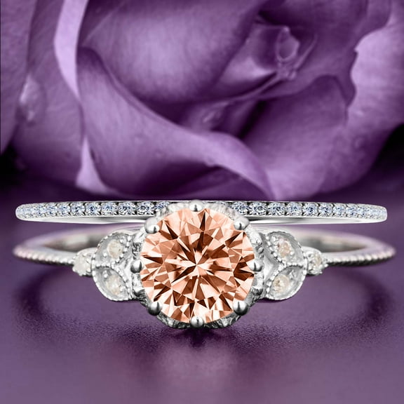 Beautiful 1.75 Carat Round Cut Morganite And Diamond Moissanite Floral Engagement Ring, Antique Wedding Ring, One Matching Band in 10k Solid White Gold, Gift For Her In Festival Time, Promise Ring