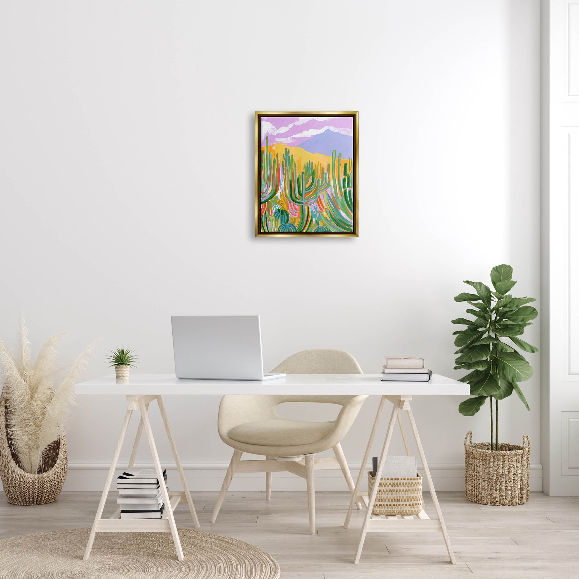 Stupell Industries Abstract Cactus Plants Desert Dunes Painting Metallic Gold Floating Framed Canvas Print Wall Art, Design by Laura Marr