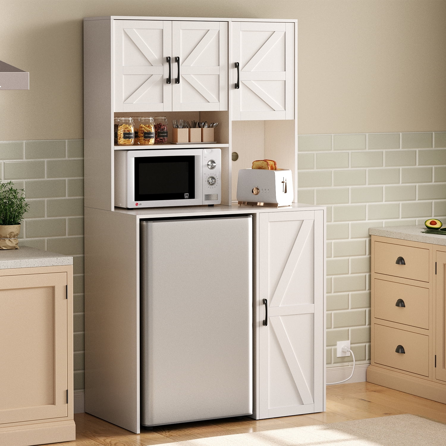 Herture Mini Fridge Cabinet with Storage, Coffee Bar Cabinet with Mini Fridge Space and Outlet, Wine Bar Stand with Microwave Shelf, Beverage Station for Kitchen, Dorm, Office White KH02MRW