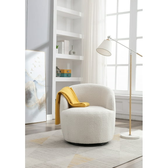 Dtwnek Fabric Swivel Accent Chair with Metal Base, Upholstered Club Chair for Living Room, Office, White