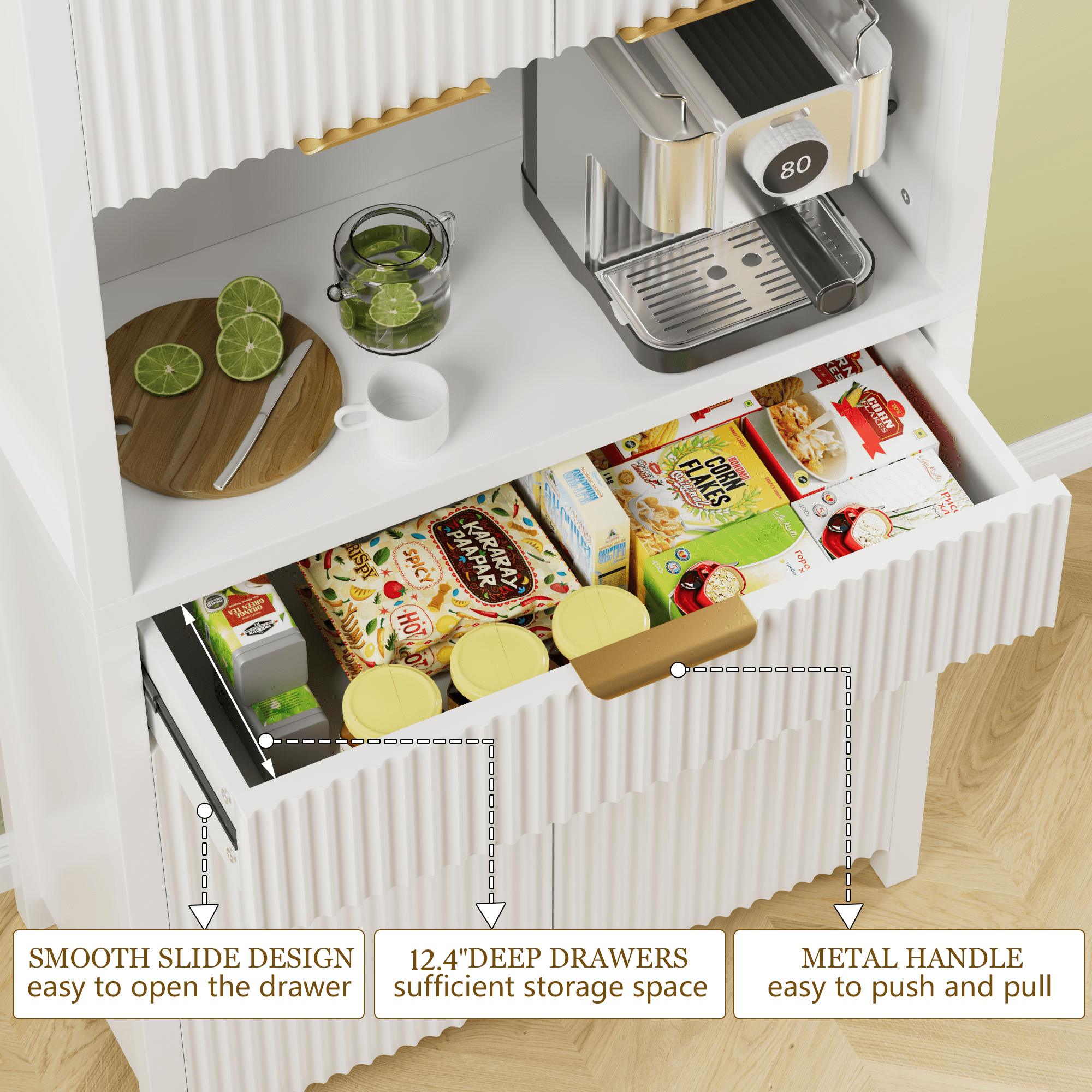 Aufeile 71" Tall Pantry Storage Cabinet with Drawer and Charging Station, Fluted Pantry Cabinet with Adjustable Shelves for Kitchen Dining Room Living Room, White