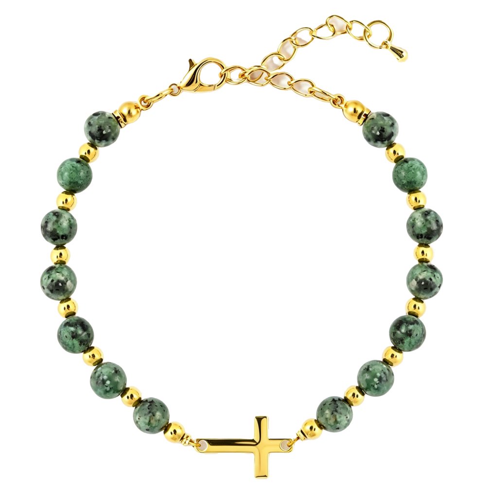 HIRPLIS Cross Beaded Bracelet for Women Handmade Gemstone Charm Stainless Steel Gold Plated Christian Religious Prayer Faith Adjustable Personalized Gift Jewelry Style 3