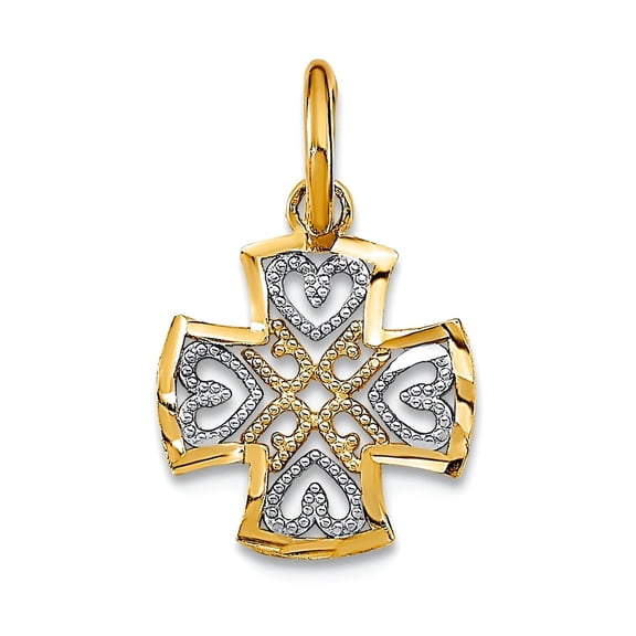 10k With Rhodium and Sparkle-Cut Love Hearts In Religious Faith Cross Charm 11x10mm Wide Pendant Necklace for Women