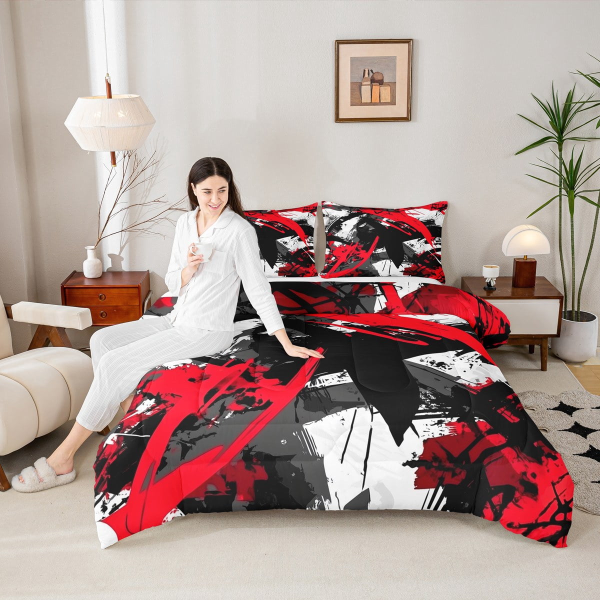 Manfei Black Red Stipes Comforter Sets Queen Size, Abstract Geometric Down Comforter, Teenager Adult Reversible Bedding Queen Comforter Set, Lightweight Room Decoration, 3pcs