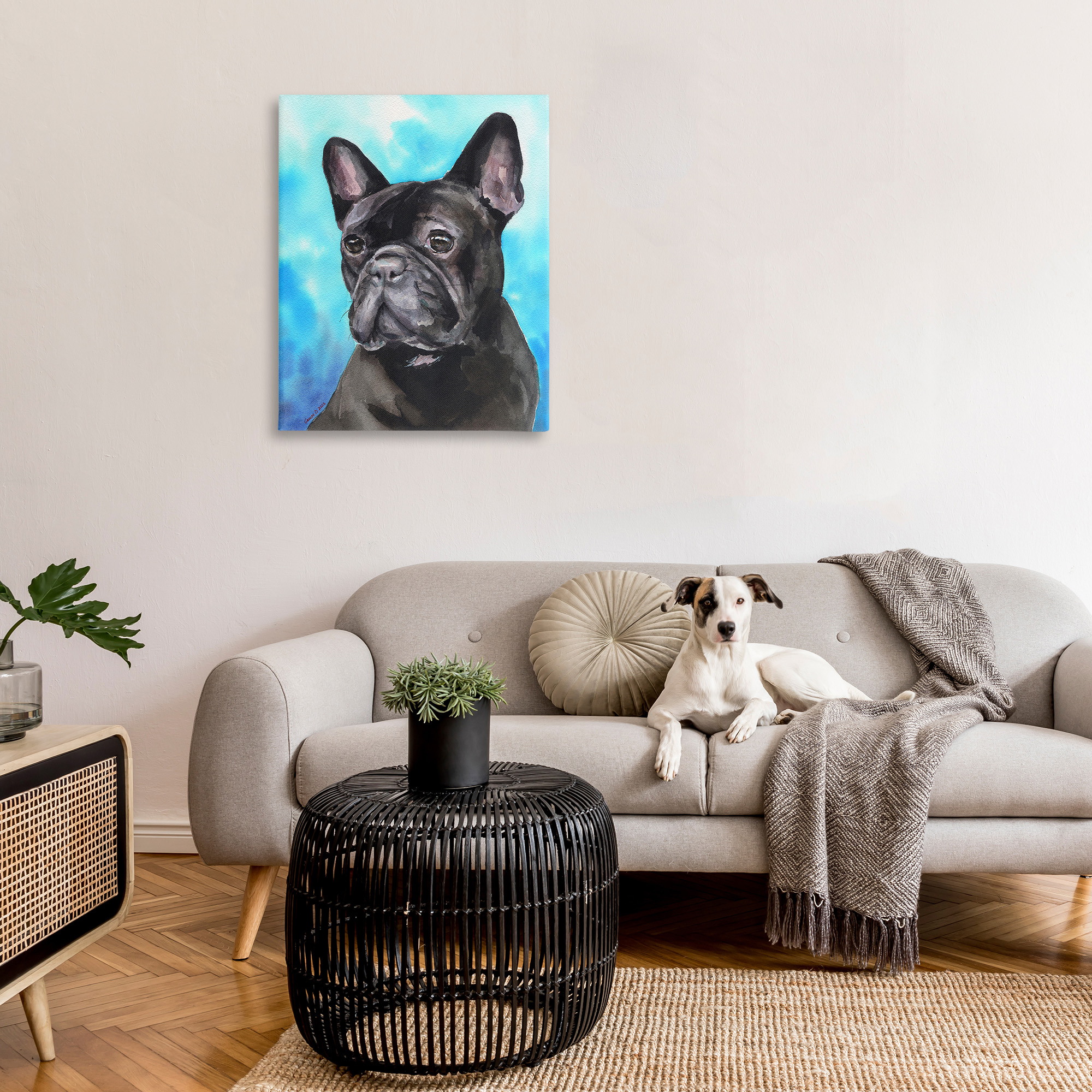 Stupell Industries French Bulldog on Blue Animals & Insects Painting Gallery Wrapped Canvas Art Print Wall Art, 30 x 40