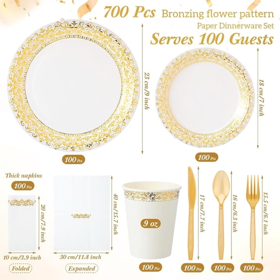 700 Pcs Disposable Dinnerware Set for 100 Guests Include 200 Paper Plates, 300 Plastic Silverware, 100 Paper Cups, 100 Napkins for Wedding Birthday Party Supplies (White Gold Pattern)