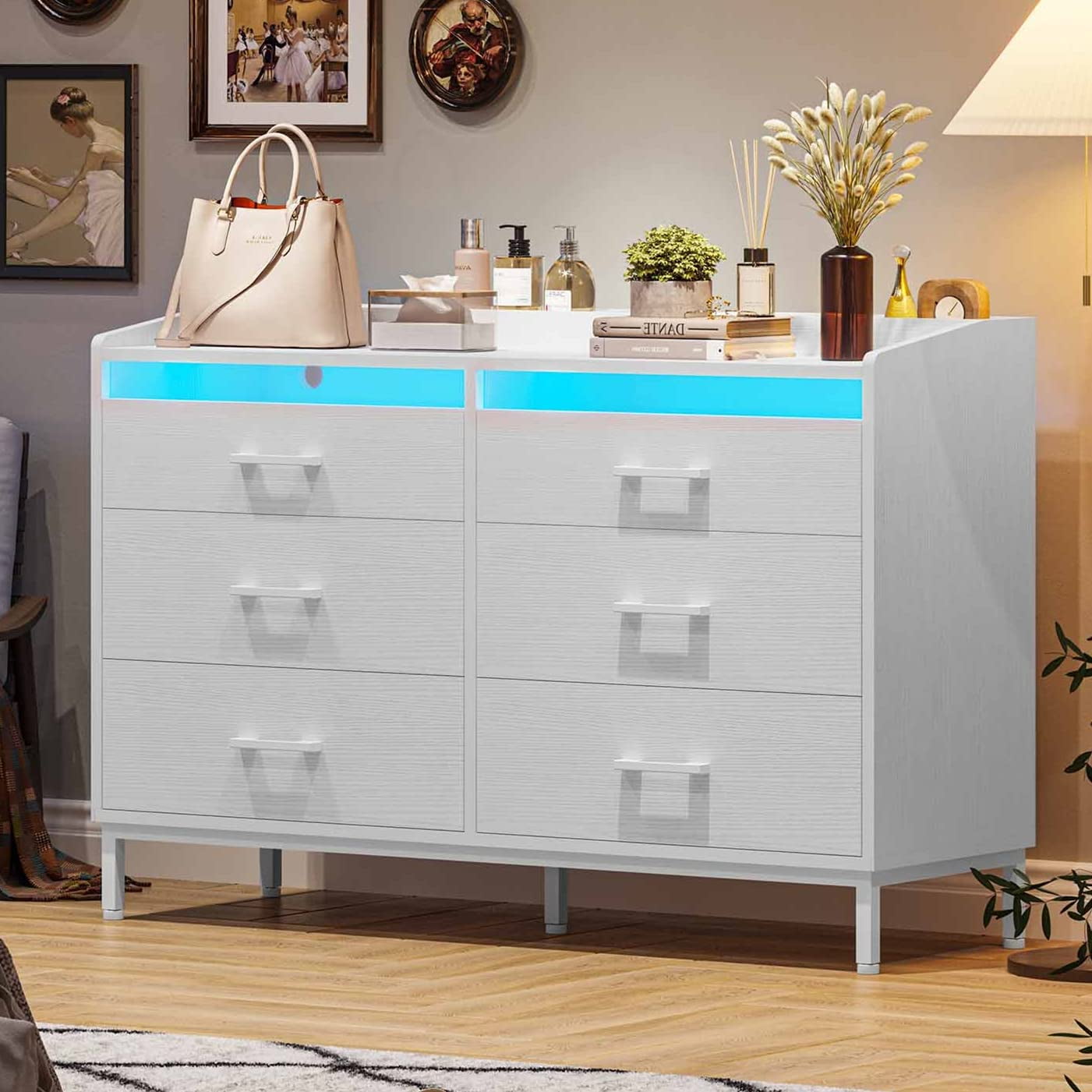 Led Between Drawers White Dresser with 6 Drawers for Bedroom, Modern Chest of Drawers with ...